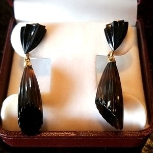 Custom Carved Smoky Quartz/Onyx 14kt earrings